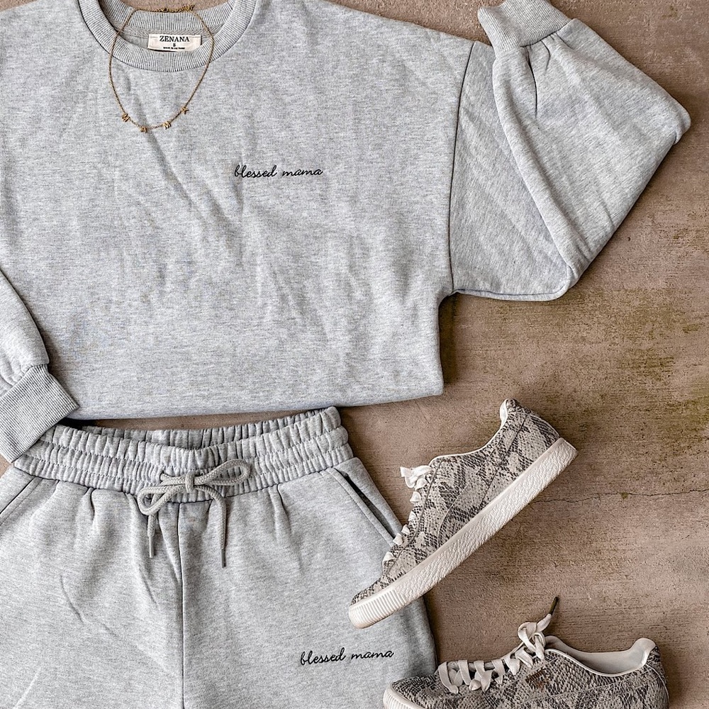 Blessed Mamma Embroidered Sweats and Sweatshirt